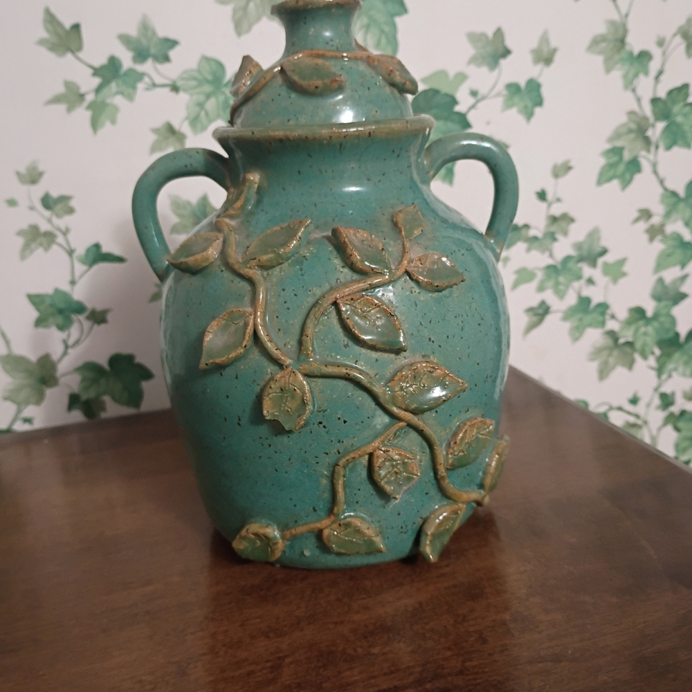 Green Ceramic Vase with Leaf Design